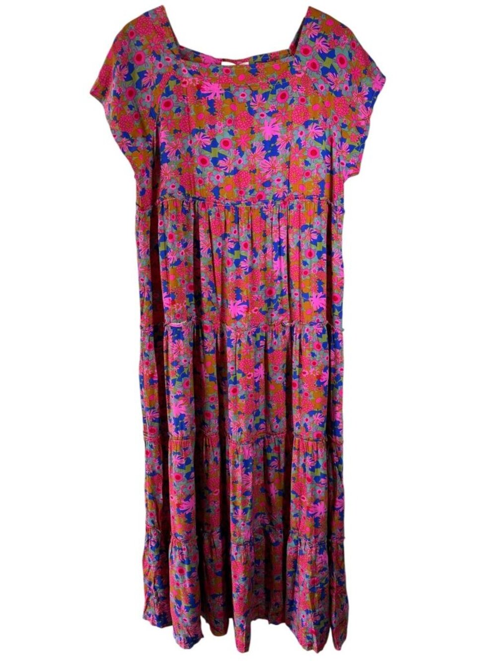 Natural Life Berkley Floral Tiered Maxi Dress Pink Blue Boho Rayon Size L - Picture 3 of 7